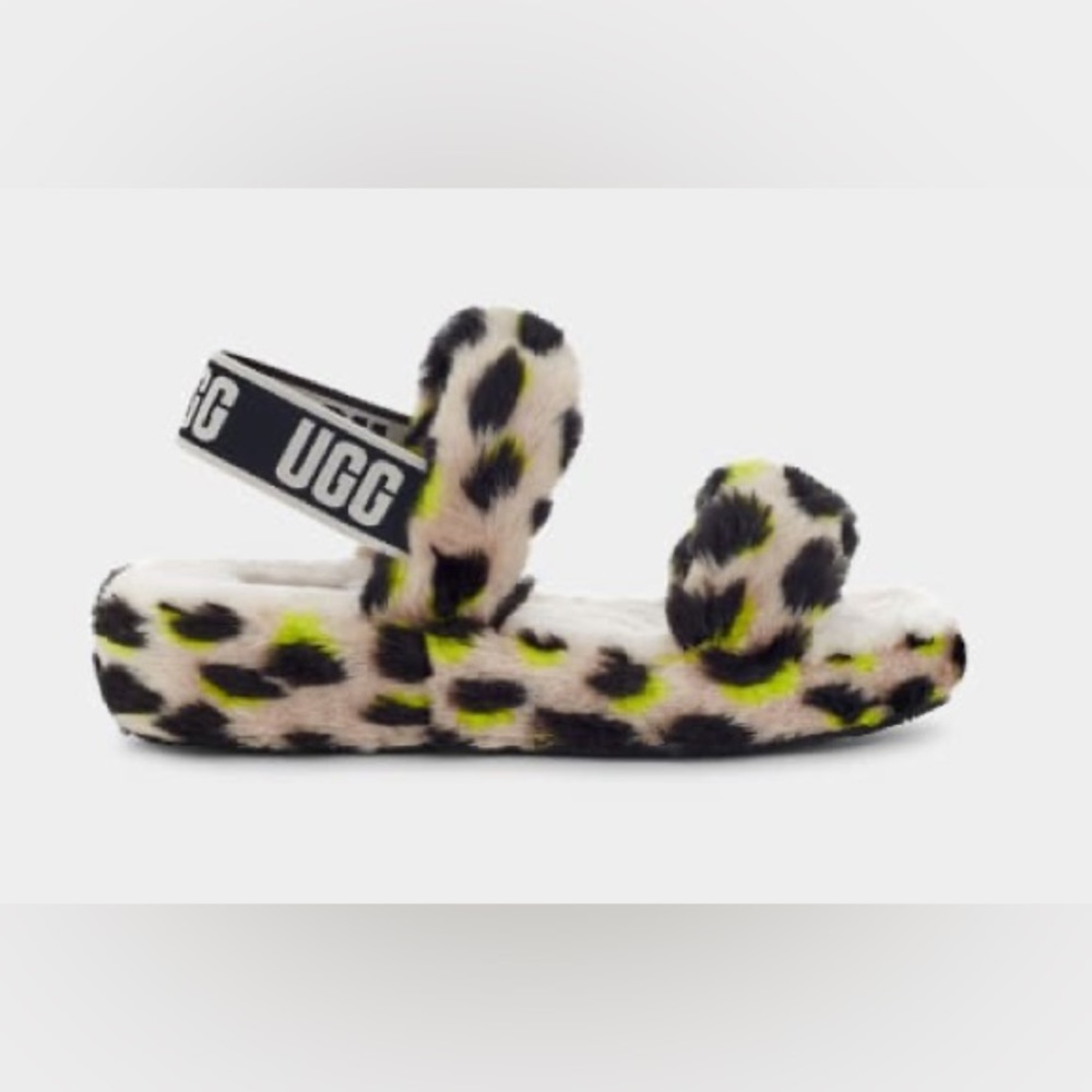 UGG WOMEN’S OH YEAH CHEETAH PRINT SLIPPERS: KEY LIME/CREAM/BLACK: SZ 110
